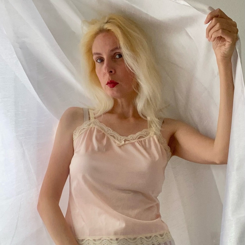 Vintage 90s Undercoverwear Pink Nylon Lace Trim Bow Lingerie Cami